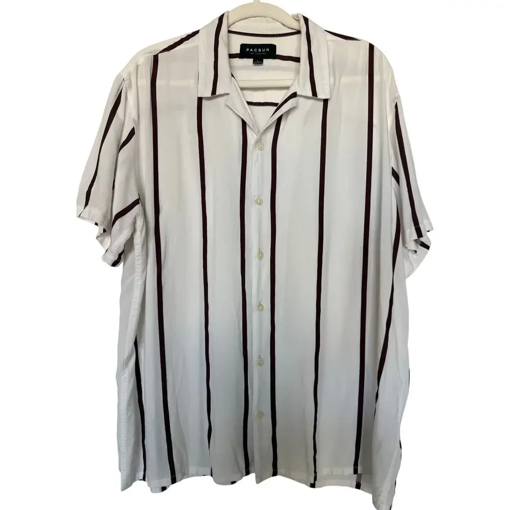 PacSun Men's L White Maroon Striped Short Sleeve Viscose Button Down Shirt